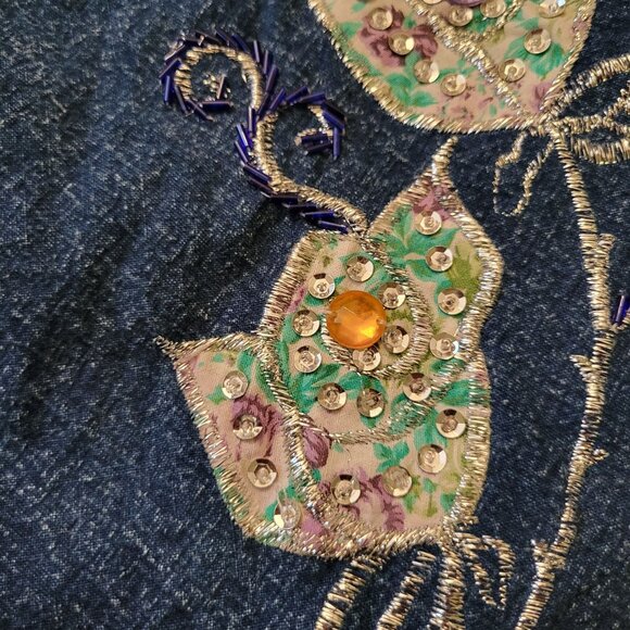 Pret M Vintage Blue Jean Denim Skirt Pockets Elastic Back Slit Embroidered Bling - Picture 5 of 7